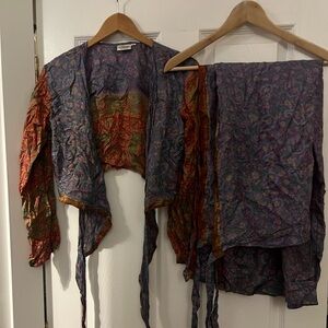 Colorful Paisley Silk Wrap Top and Pants Set